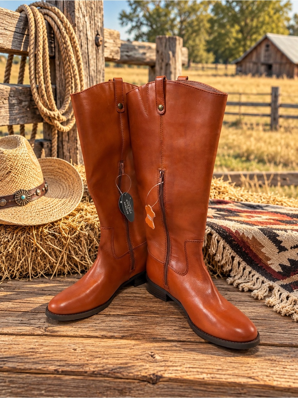 NWT I.N.C. Fawne Cognac Genuine Leather Knee High Riding Boots Wide Calf